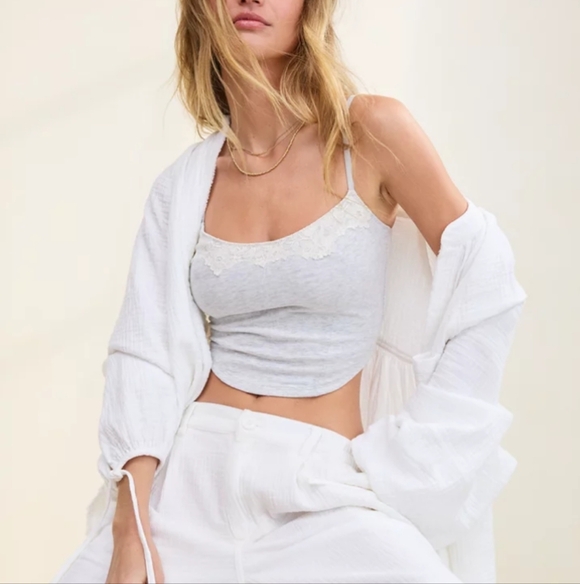 Superchill By Aerie Cotton Lace Corset Bra Top Womens Medium Heather Frost Crop - Picture 10 of 10